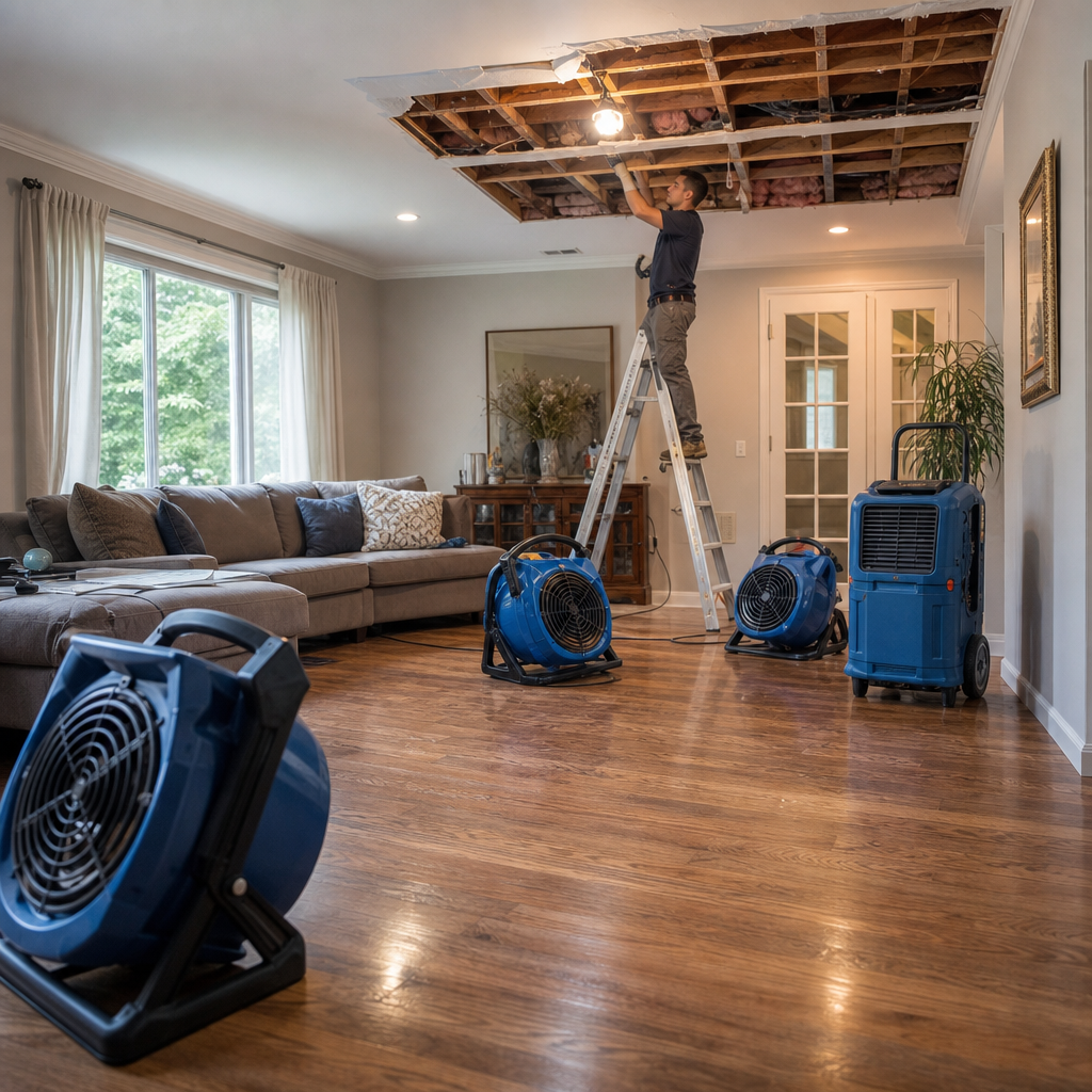 Illustration for burst pipe water damage cleanup in Fort Lee