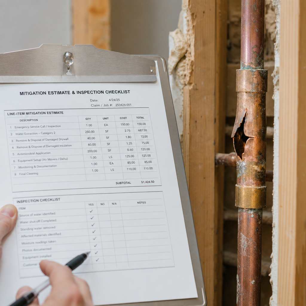 Illustration for burst pipe water damage cleanup in Glen Cove