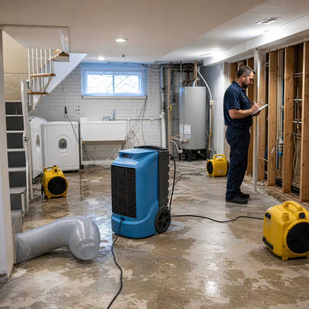 Illustration for burst pipe water damage cleanup in College Point
