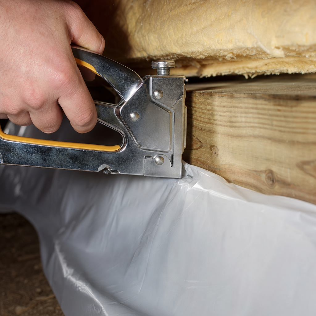 Illustration for crawl space moisture barrier installation