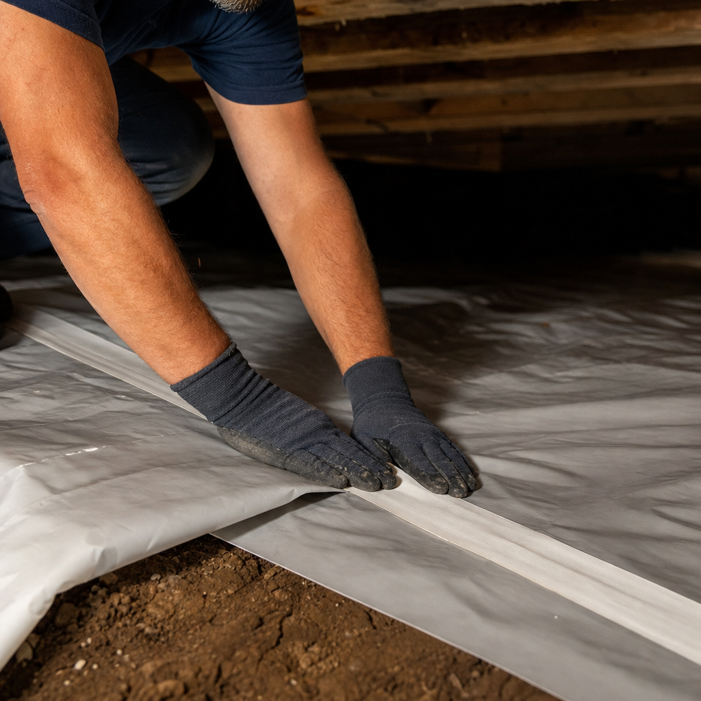 Illustration for crawl space moisture barrier installation